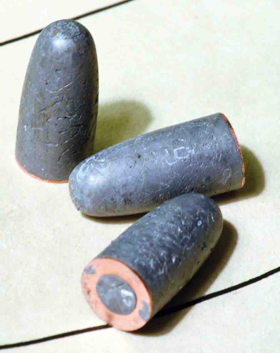 Bill Noody’s (Northern Precision) 180-grain, .358-inch cast bullets fitted with his “base guard.” The base guard performs much the same purpose as the traditional copper gas check, while also, Bill said, scraping and cleaning the bore with each shot.